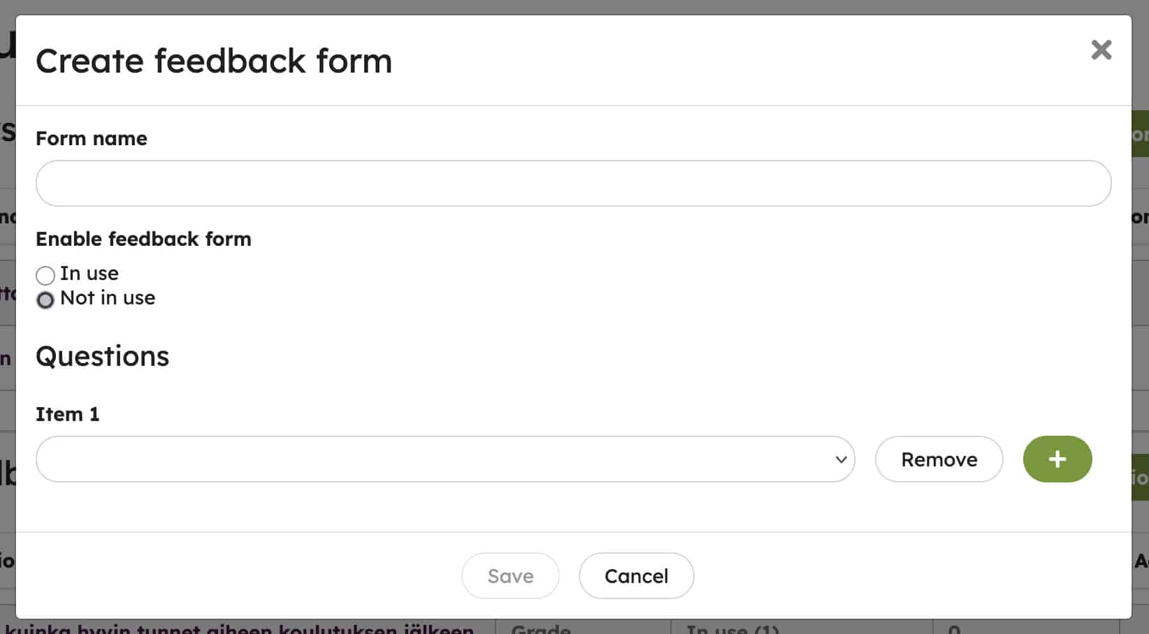 Course feedback form creation, including defining the form name, selecting activation settings, and adding feedback questions.
