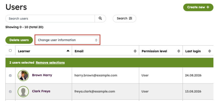 A list of users from which you can select multiple users and edit their details using the ‘Change user information’ drop-down menu.