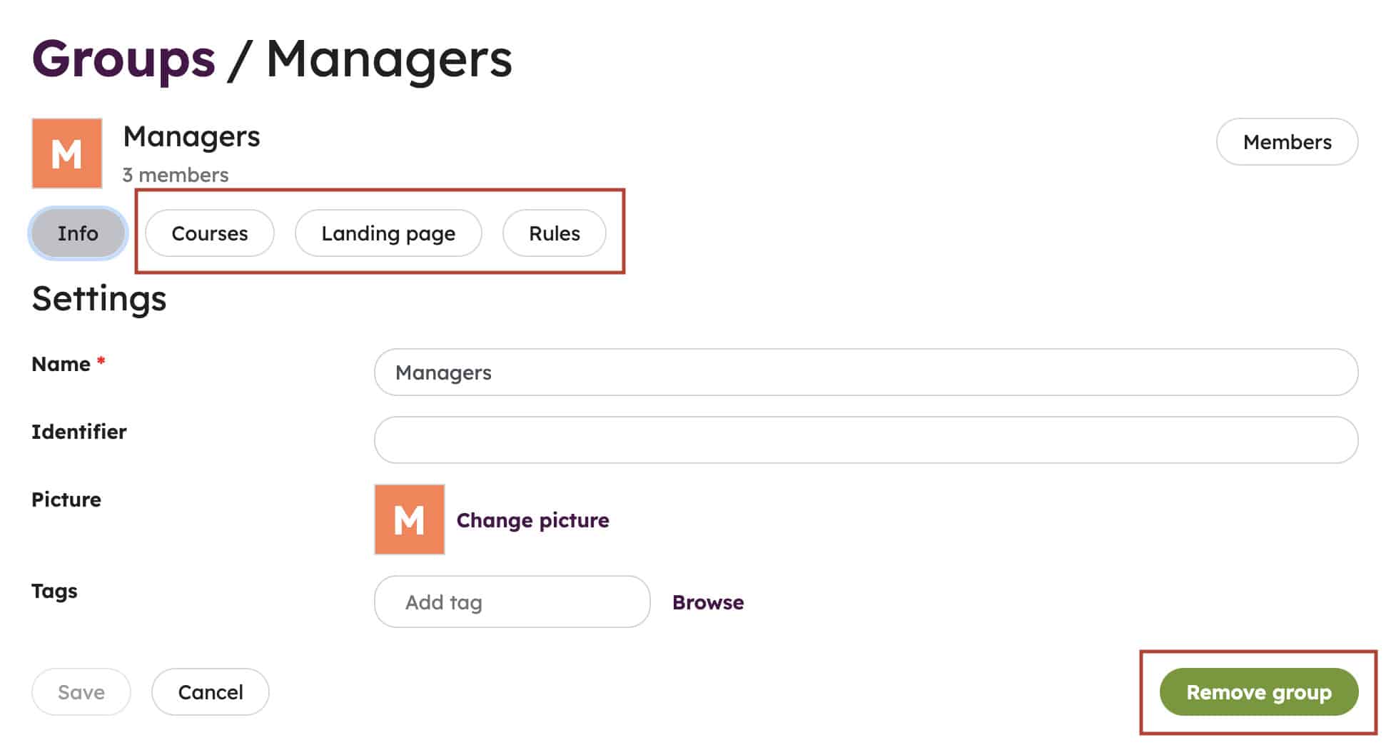 Dynamic group details and settings for configuring courses, the landing page and dynamic group rules, as well as deleting the group.