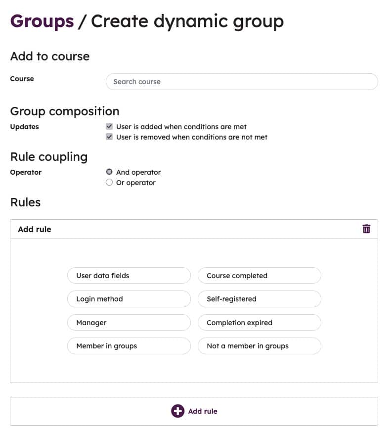 Selecting rules for a dynamic group, such as user data fields, login method, manager information, group membership, completed courses, self-registered users, and expiring completions.
