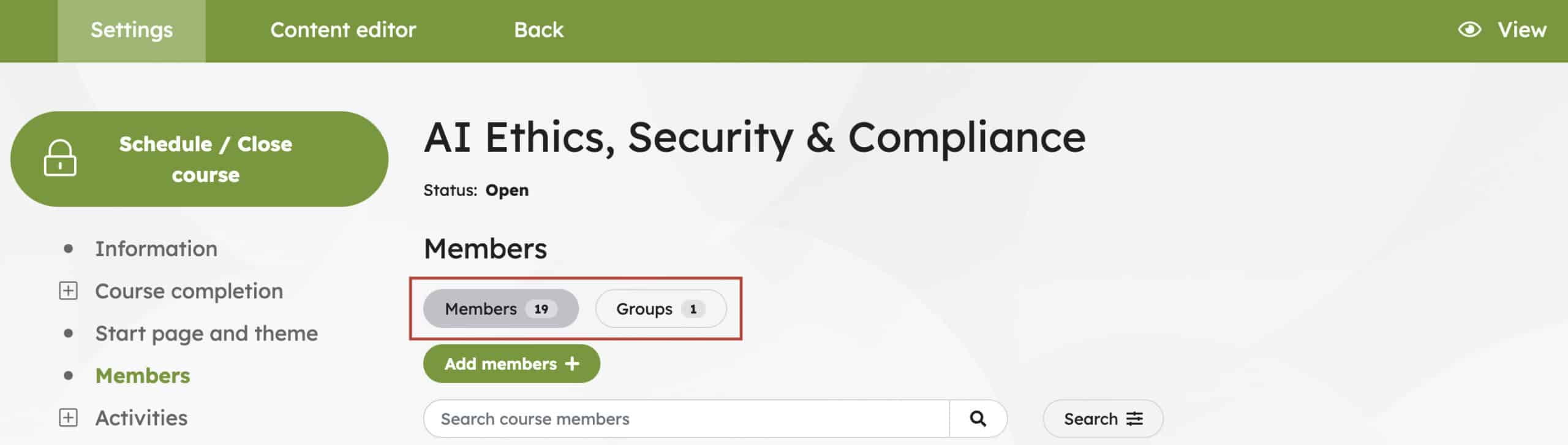 Course Members view, where individual members or entire groups can be added to the course.