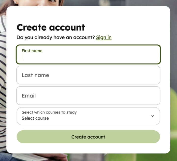 User registration form with fields for user details and course selection before account creation.