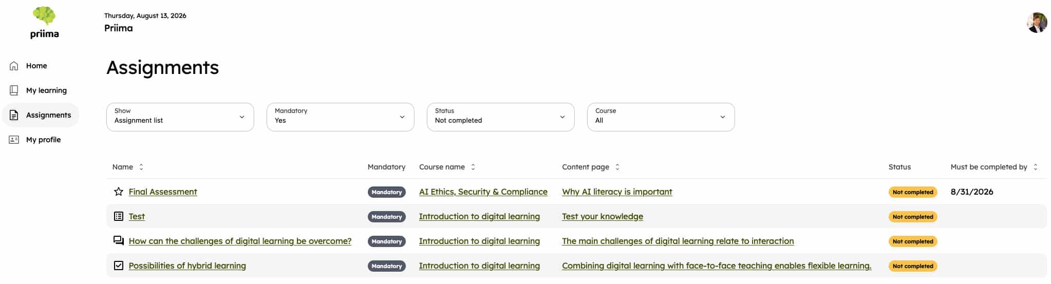 Learner's Assignments view showing assignment filters and a list of course assignments, including their mandatory status, progress status and completion dates.