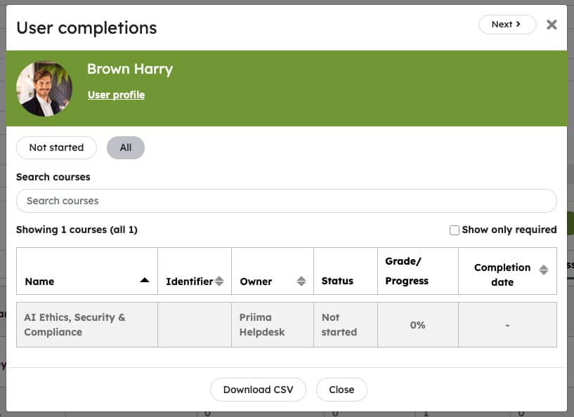User Completions view showing the user's course completion, status, progress percentage and completion date.