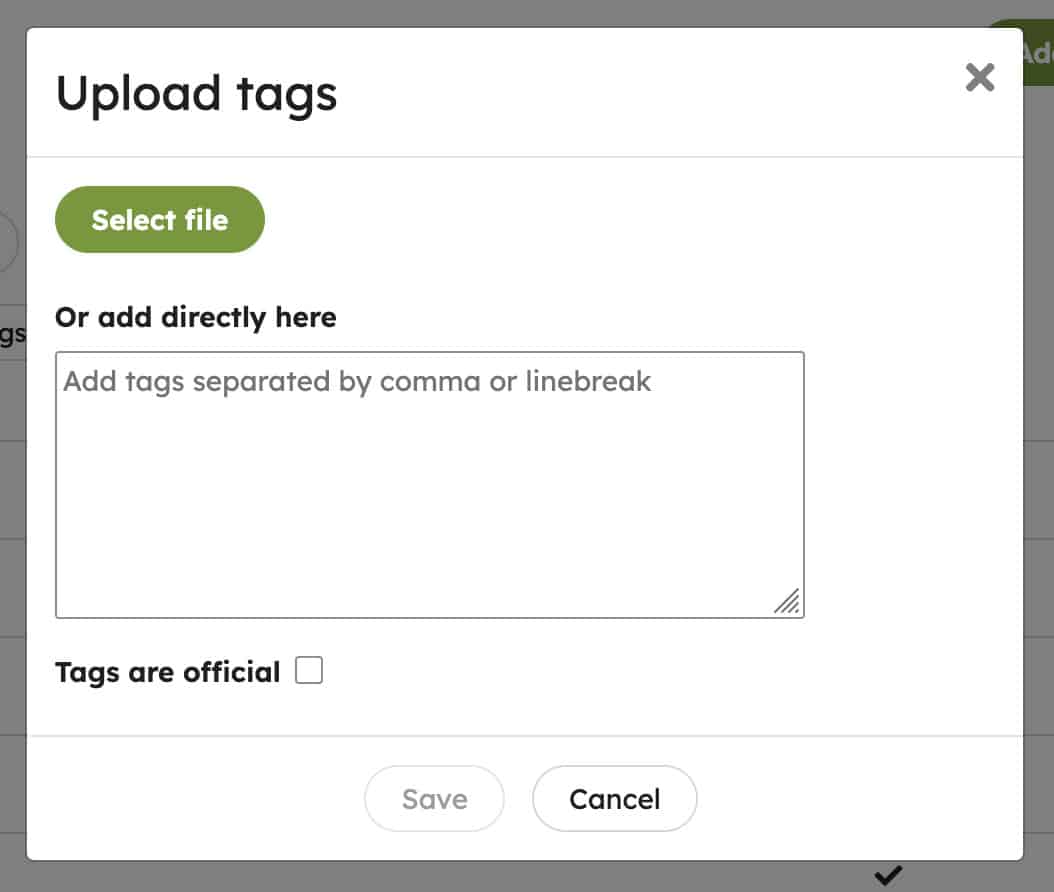 Tag import window showing options for importing multiple tags from a file or by entering them in a text field.
