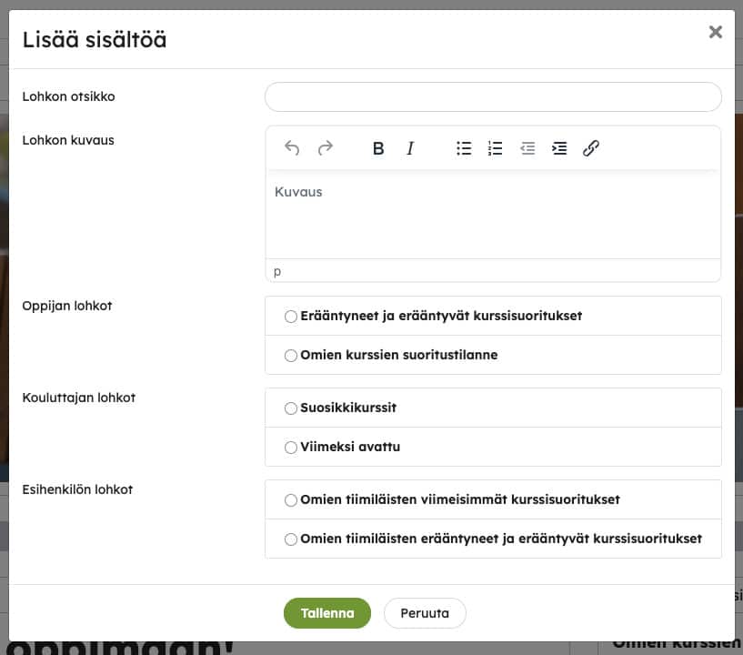 Kohdennettu sisältö -lohko, jonka avulla aloitussivulle voidaan kohdentaa sisältöä käyttäjäroolin mukaan.