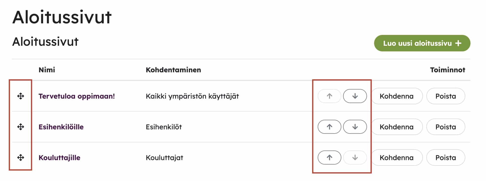 Aloitussivujen järjestyksen muuttaminen raahaamalla tai ylös- ja alas-painikkeilla.
