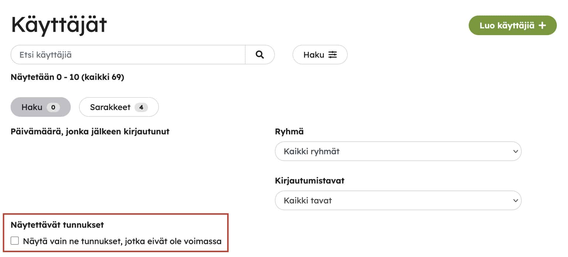 Käyttäjähallinnan hakusuodattimet, joissa voidaan rajata näkyviin tunnukset, jotka eivät ole voimassa.
