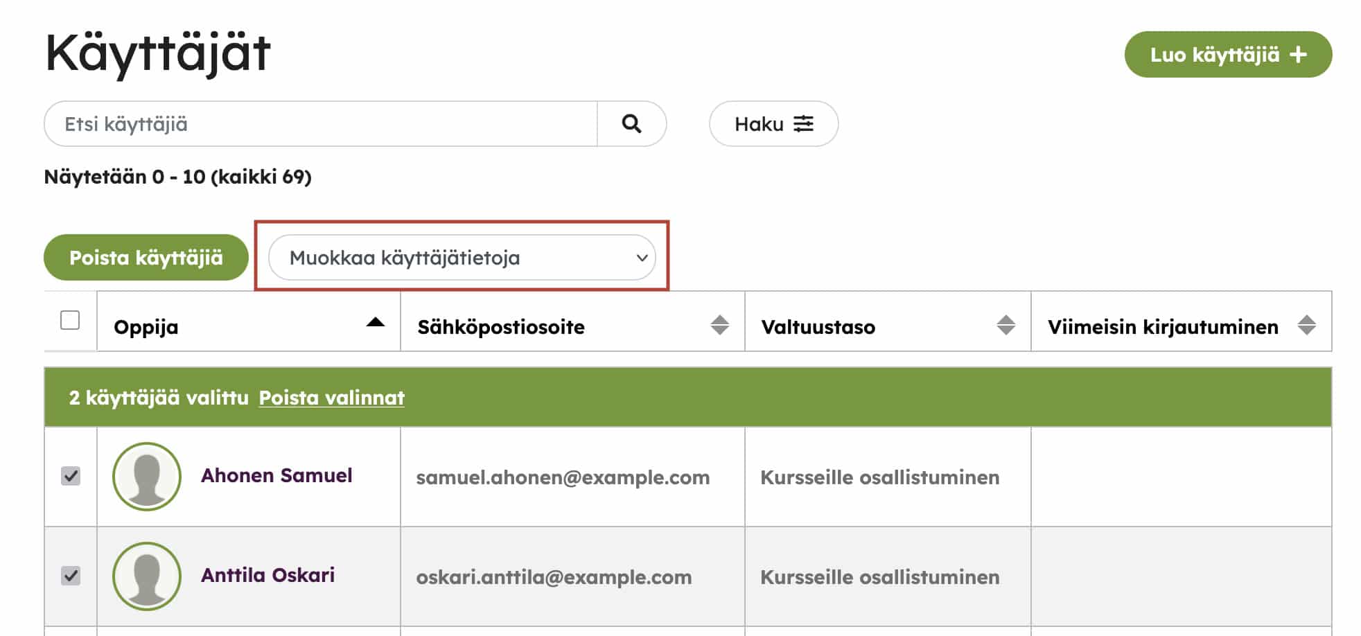 Käyttäjälista, josta valittuna useampi käyttäjä ja heidän tietojaan voidaan muokata Muokkaa käyttäjätietoja -pudotusvalikon avulla.