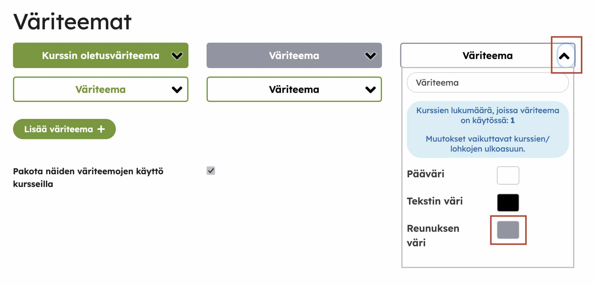 Väriteeman asetukset, joissa voidaan muokata pääväriä, tekstin väriä ja reunuksen väriä. Näkyvissä on myös tieto väriteemaa käyttävien kurssien määrästä.