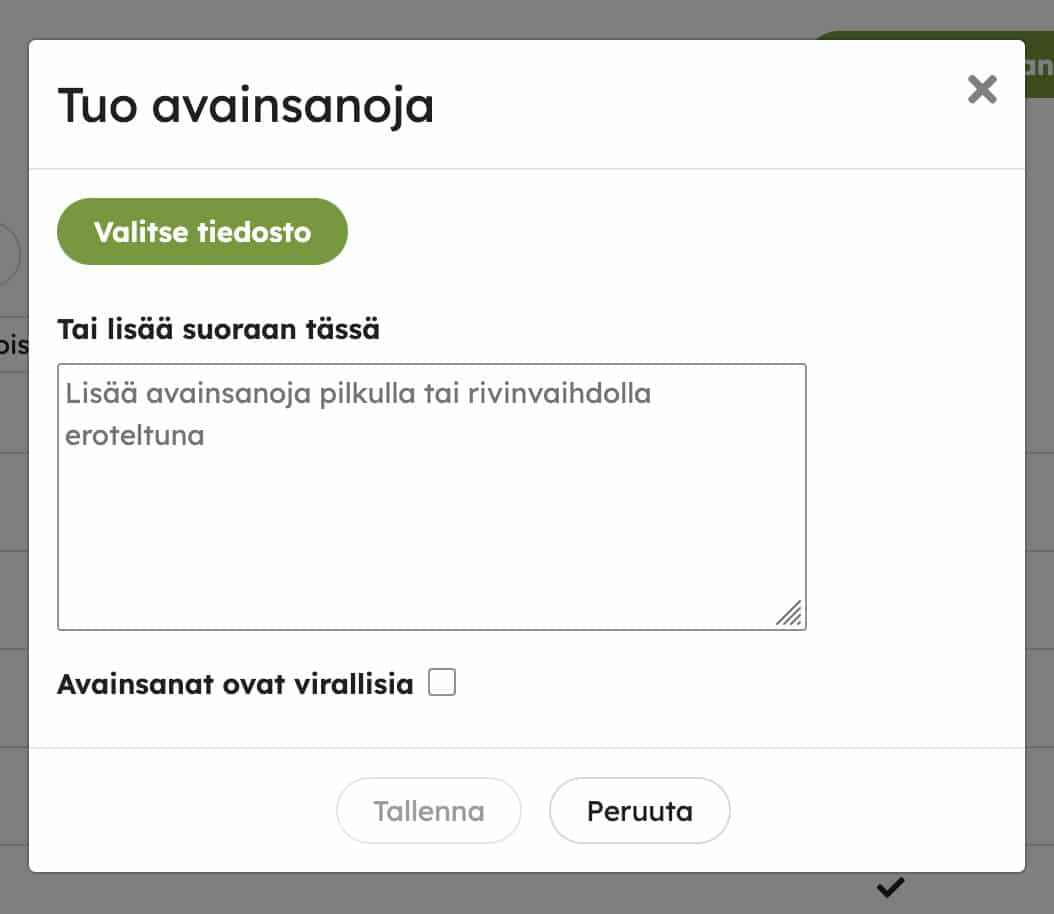Avainsanojen tuonti-ikkuna, jossa useita avainsanoja voidaan tuoda kerralla tiedoston avulla tai lisäämällä halutut avainsanat tekstikenttään.