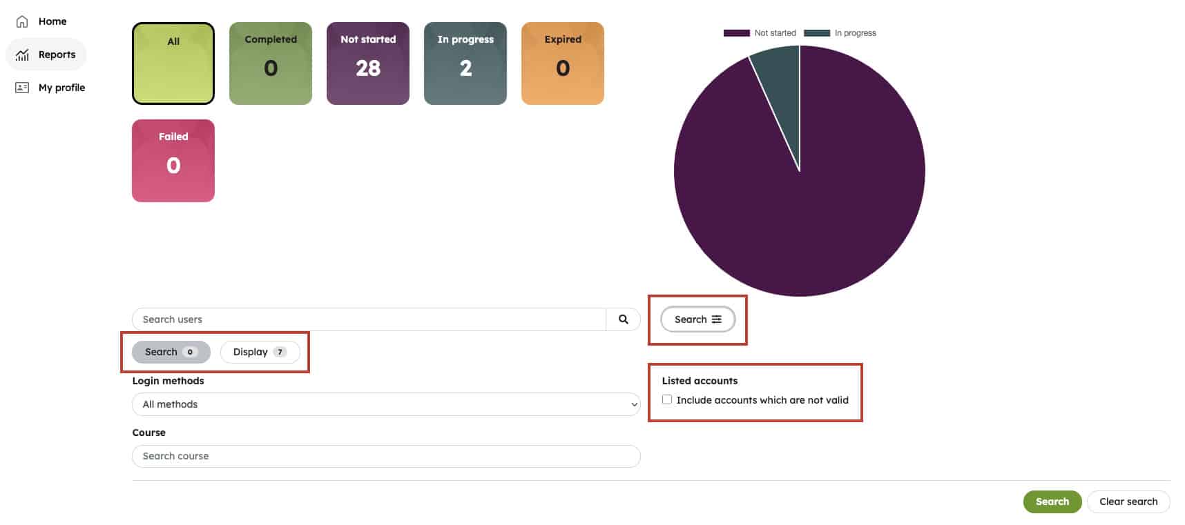 User search filter view with the Search tab selected. Use the filter settings to define which user information is displayed on the page.