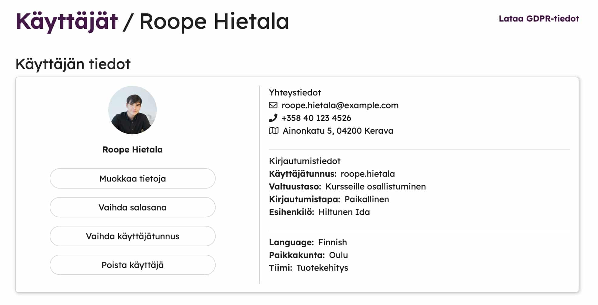 Käyttäjäkortti, jossa näkyvät käyttäjän tiedot sekä käyttäjän hallintaan liittyvät toiminnot.